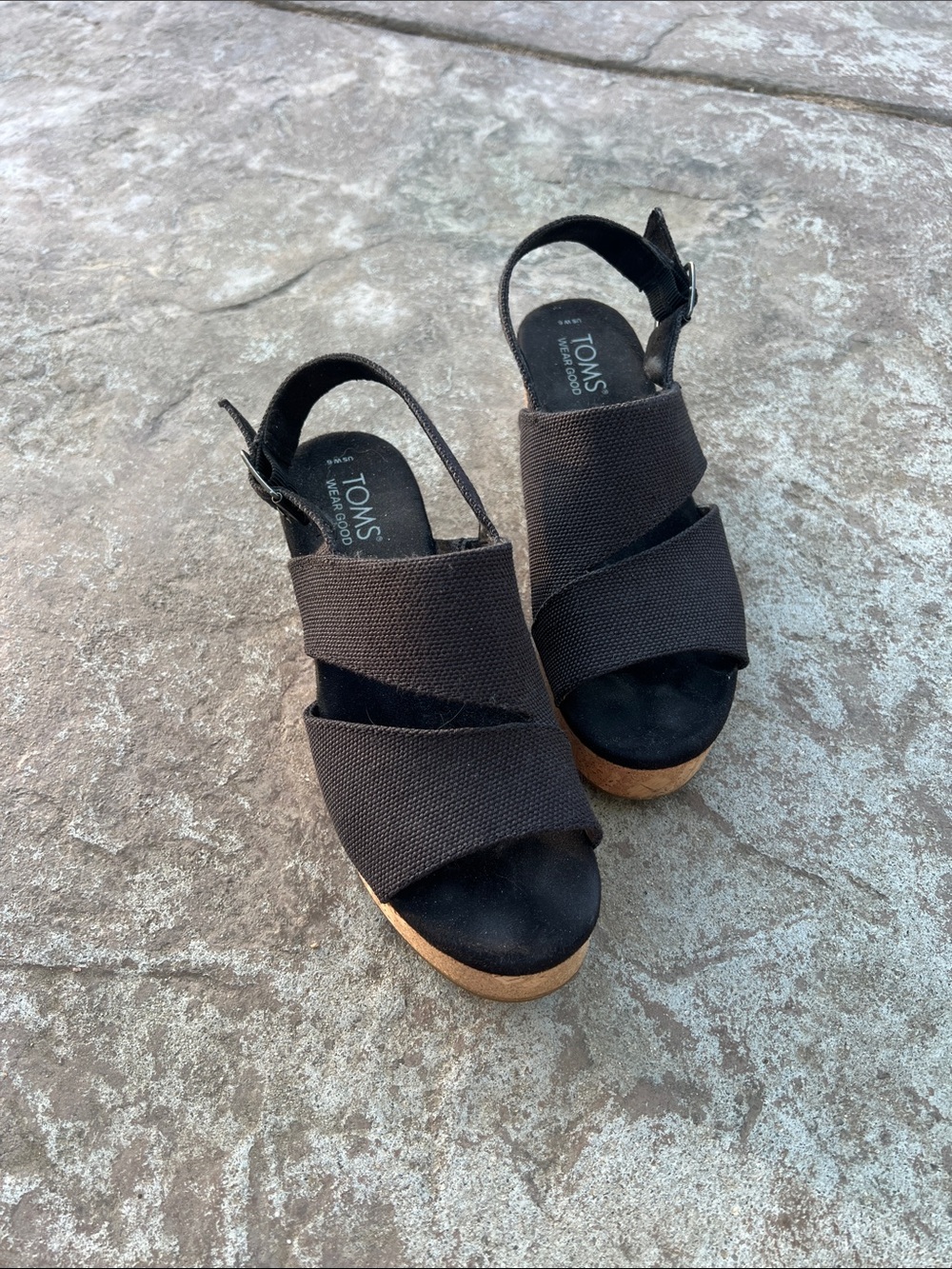 TOMS Black Fabric Slingback Wedge Sandals with Cork-Look Platform